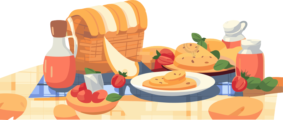 户外聚会野餐毯子上的美食插画