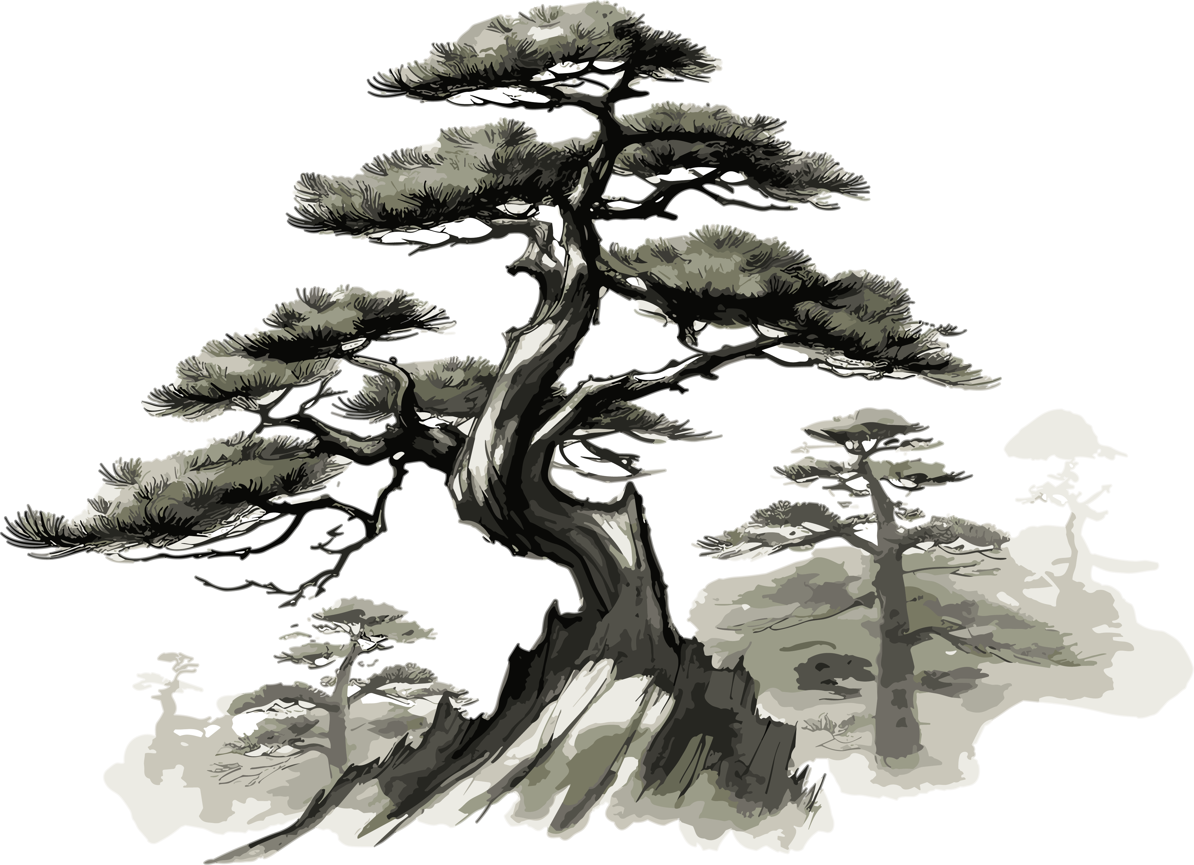 中国传统水墨画松树山脉素材