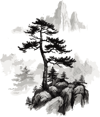远山孤松插画白底高清PNG素材