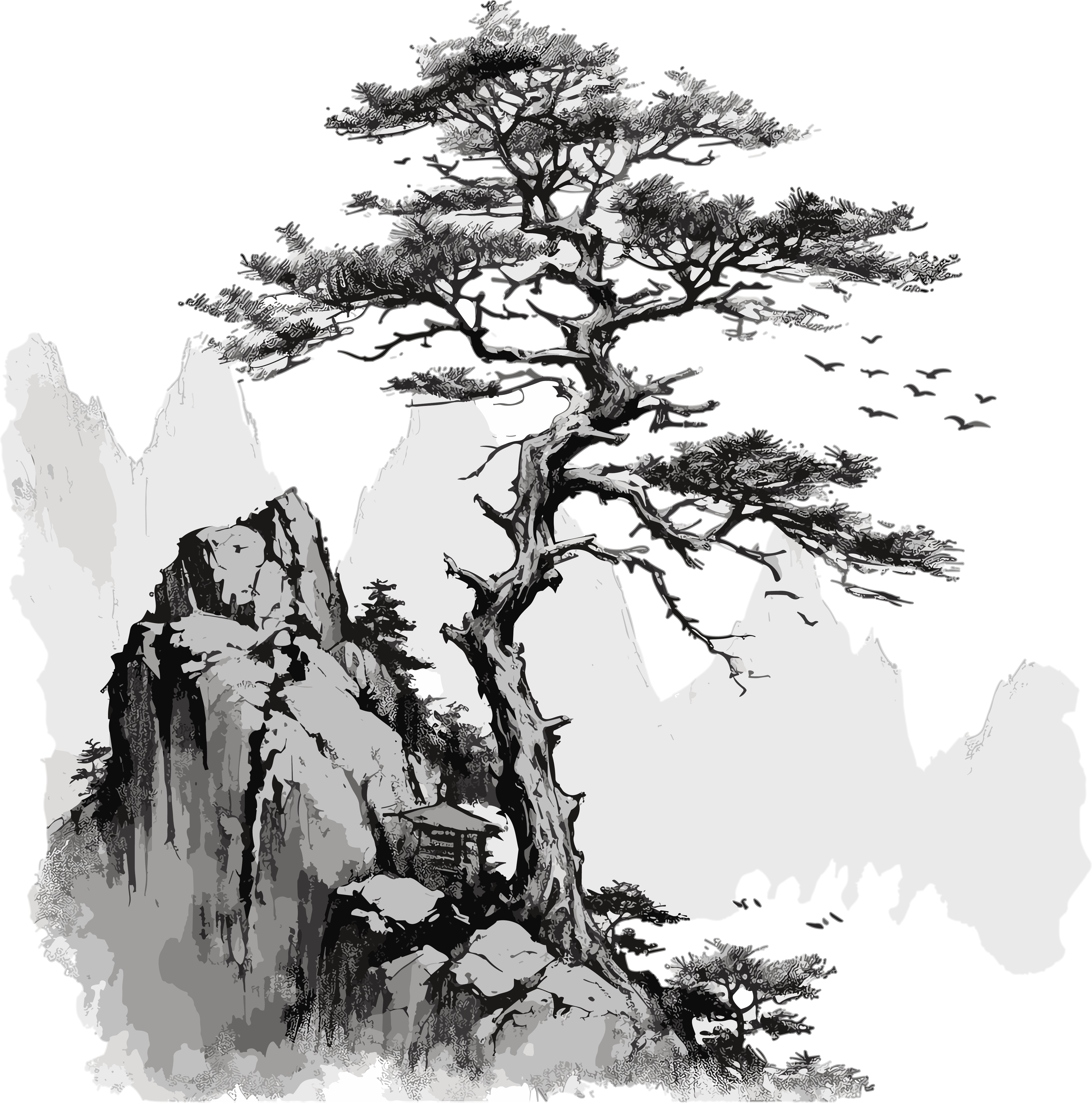 水墨松树高山素材插画
