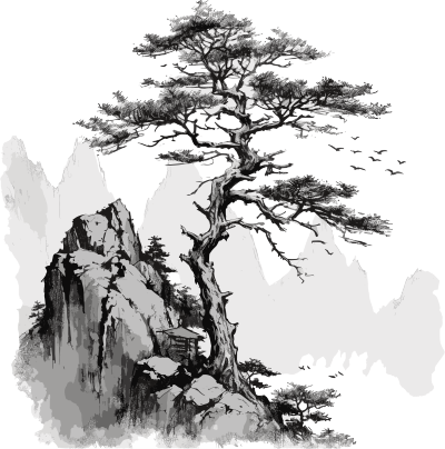 水墨松树高山素材插画