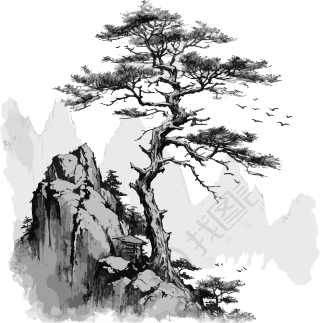 水墨松树高山素材插画