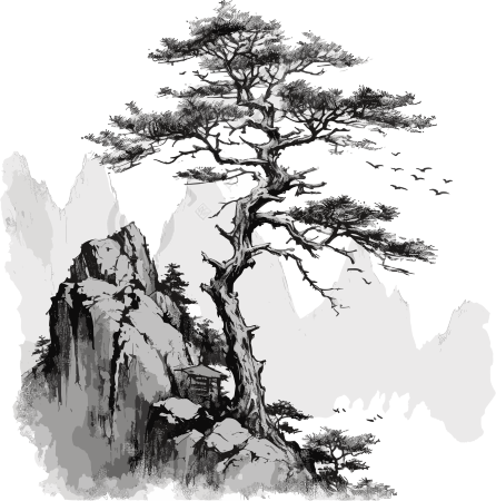 水墨松树高山素材插画
