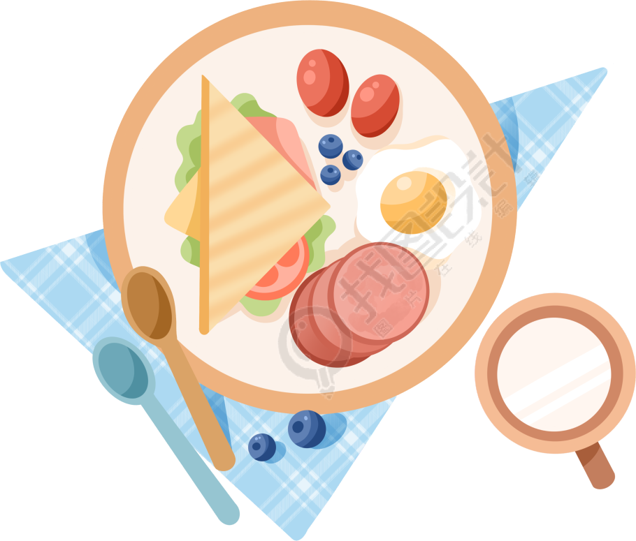 可商用早餐盘摆满美食PNG插画