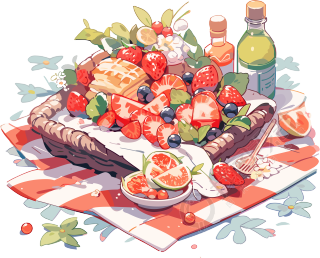 透明背景户外野餐毯上的美食插画