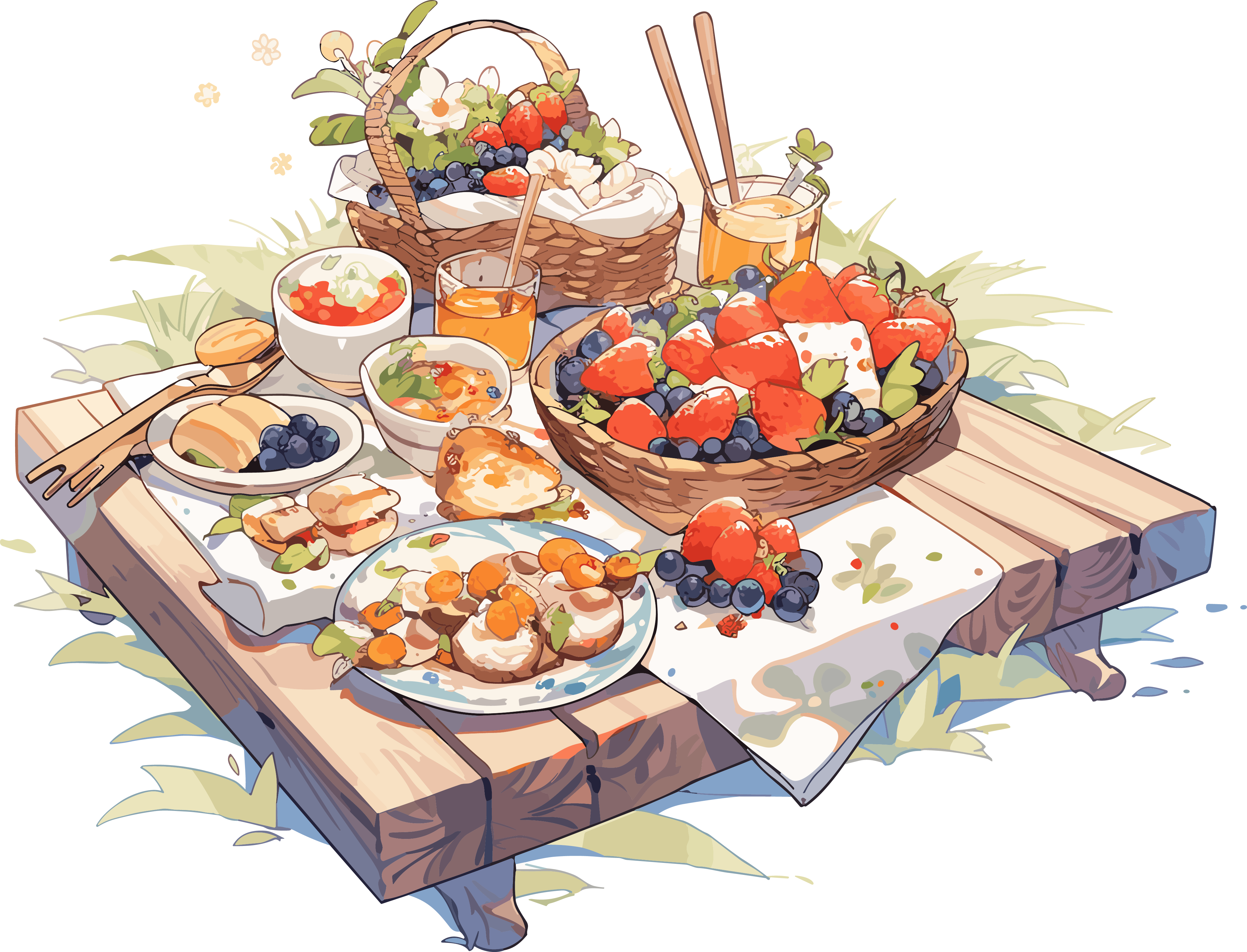 户外野餐毯子与美食插画素材