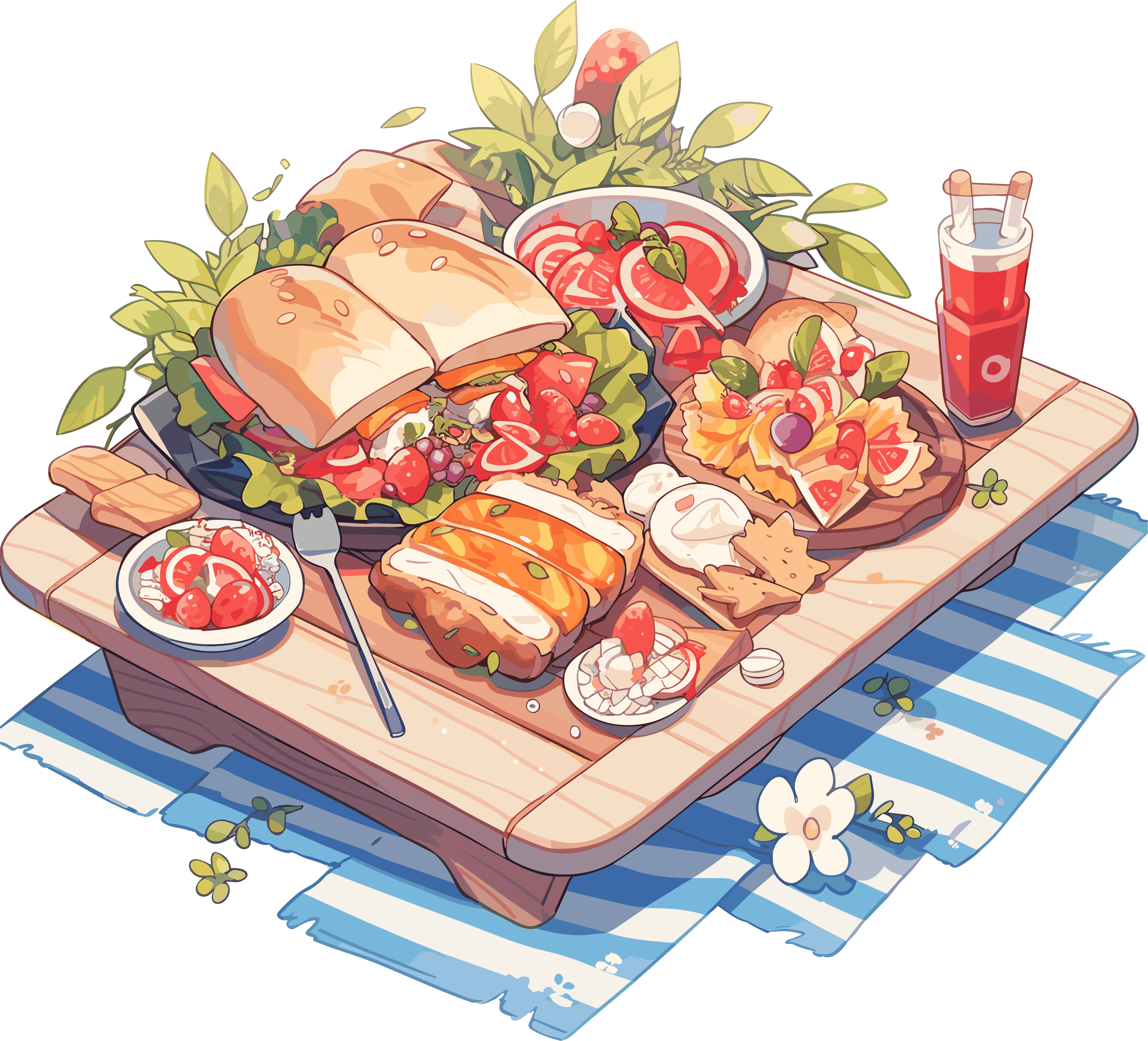 创意插画户外野餐毯上的美食透明背景元素