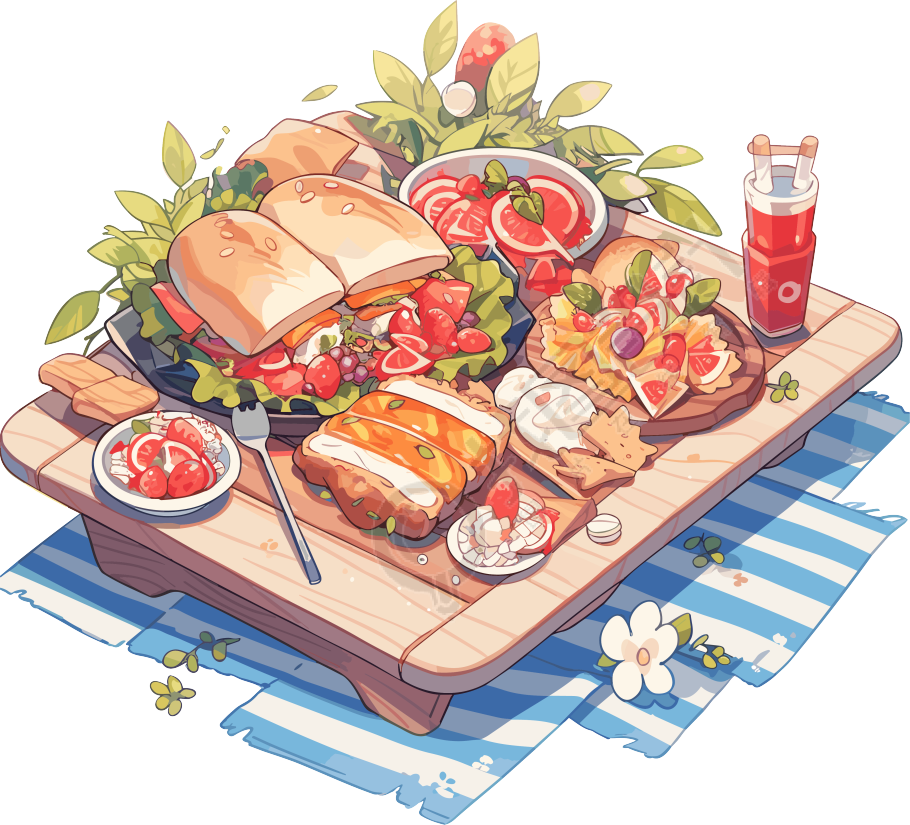 创意插画户外野餐毯上的美食透明背景元素