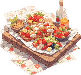 户外野餐垫美味食物露营插画
