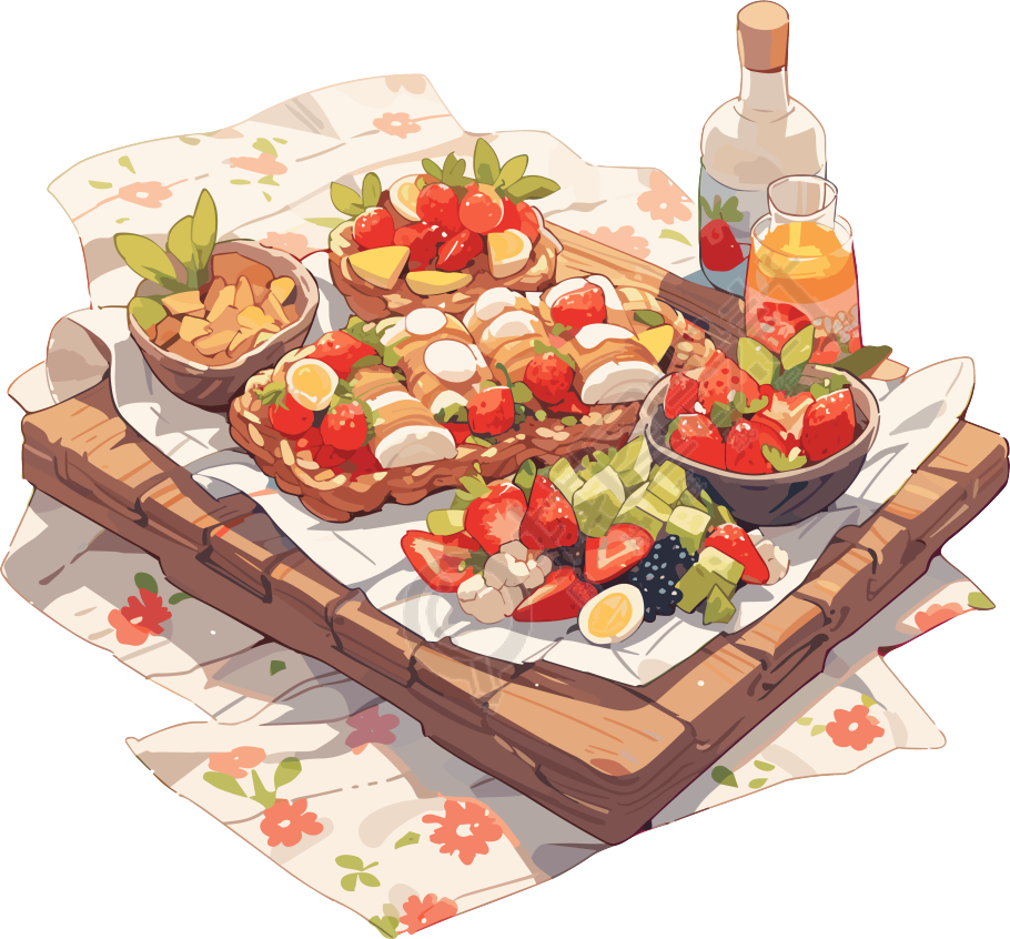 户外野餐垫美味食物露营插画
