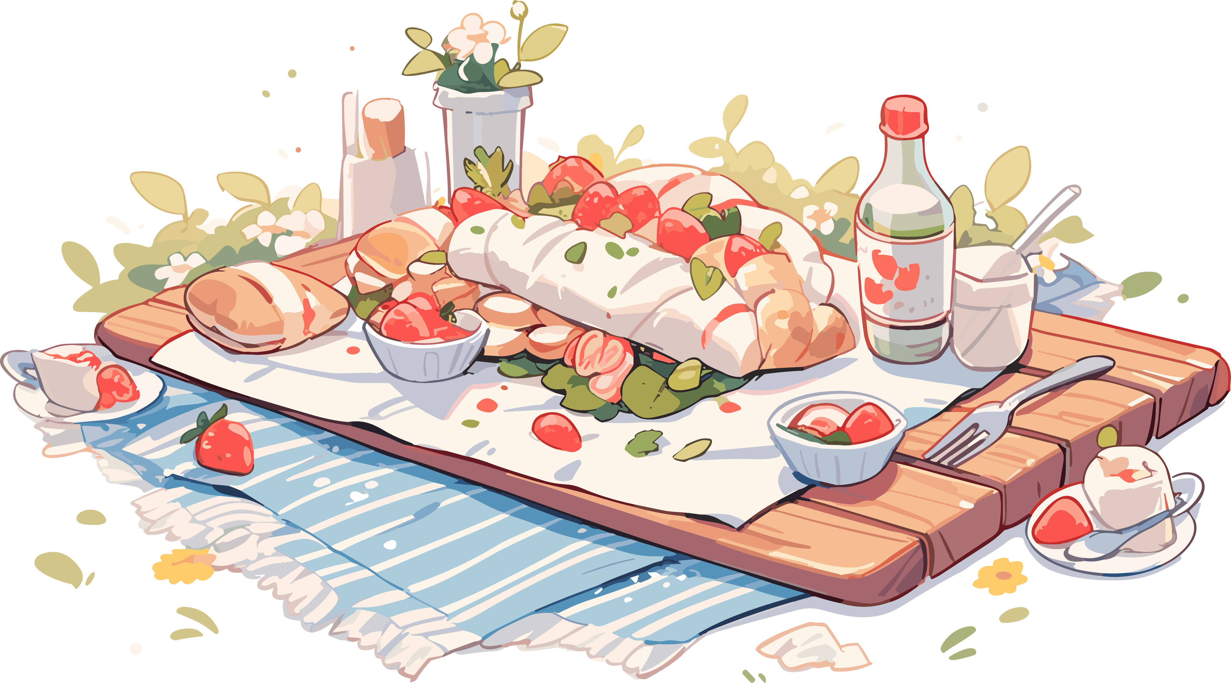摆满美食的户外野垫高清插画素材