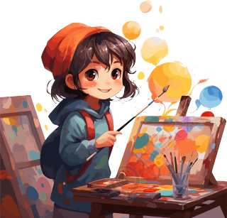 开心画画的孩子PNG插画