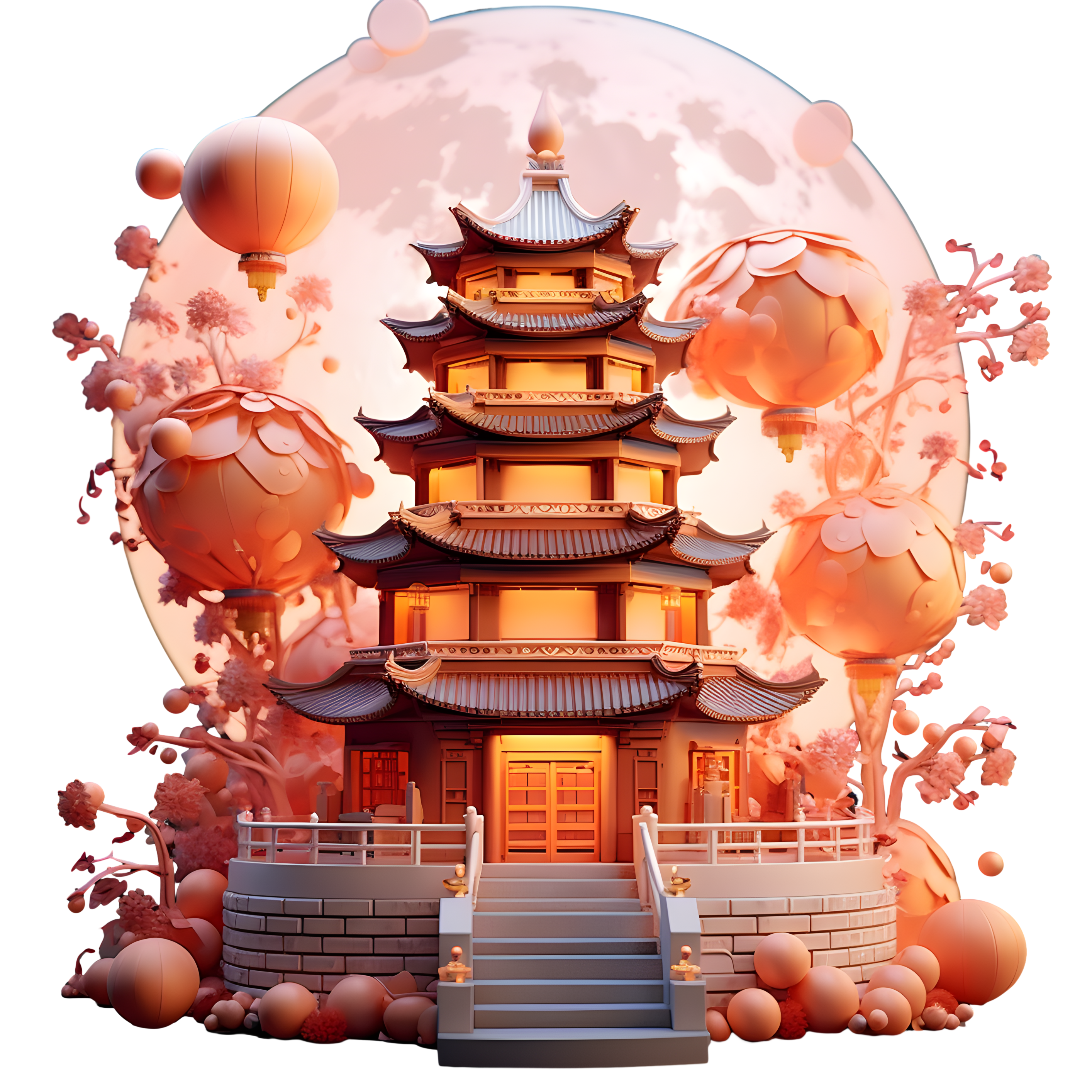 高清透明背景宝塔灯笼3D素材
