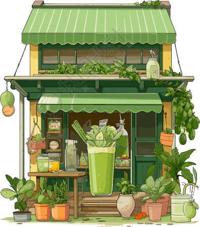 绿色冰沙店铺橱窗插画