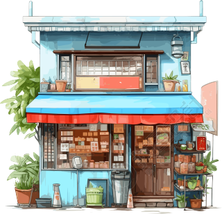 水墨画风格蓝色店铺卡通建筑素材