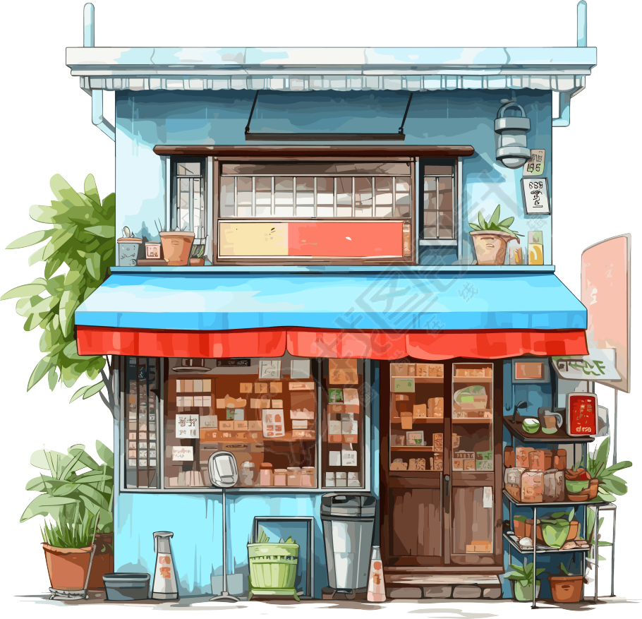 水墨画风格蓝色店铺卡通建筑素材