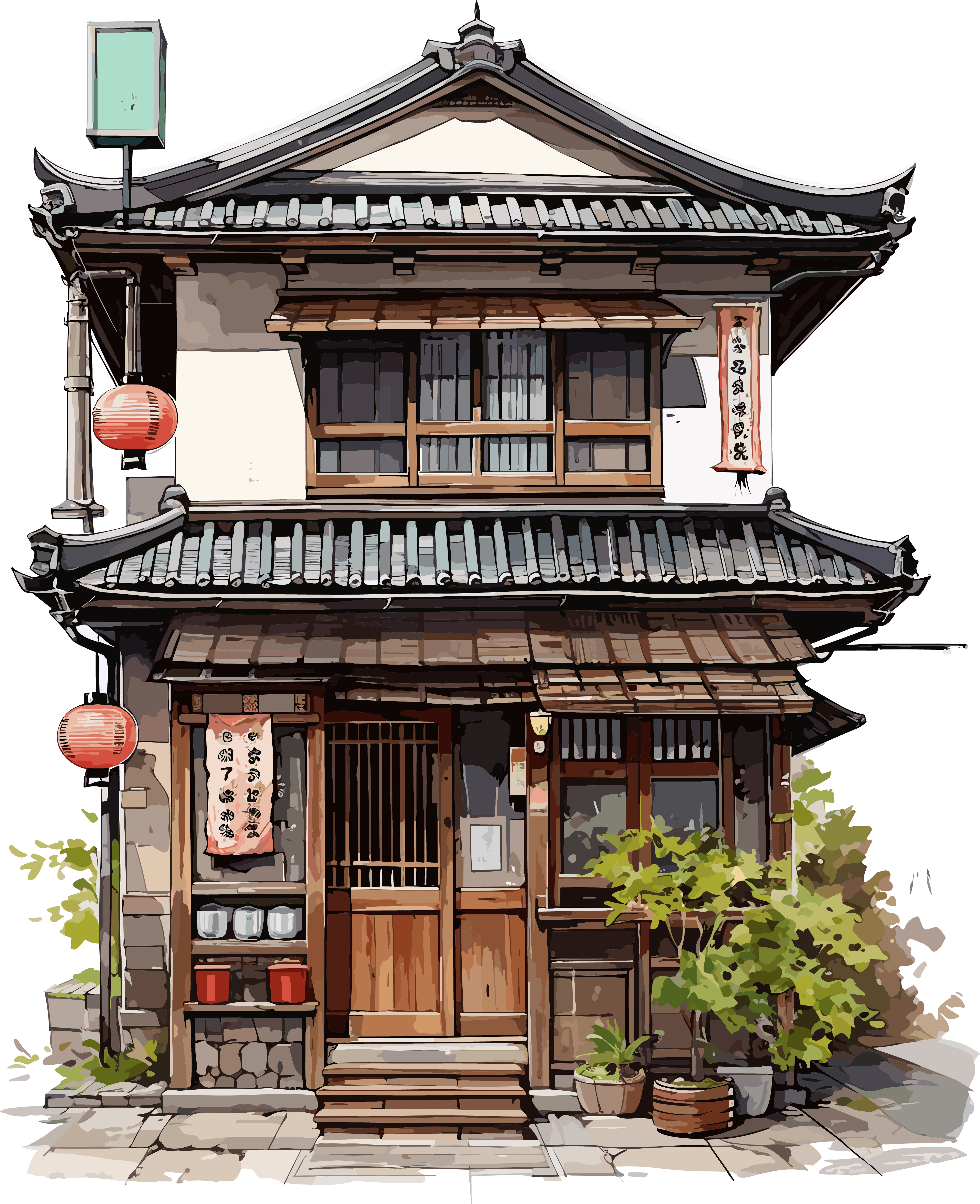 水彩插画日本建筑商用素材