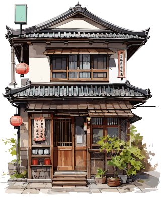 水彩插画日本建筑商用素材