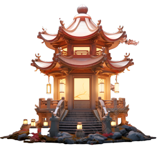 粉灰色广寒宫建筑插画