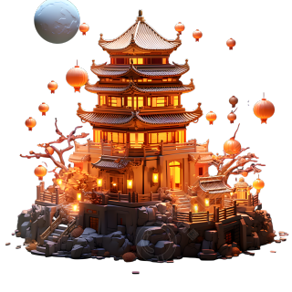 广寒宫中式建筑的夜晚幻想插画