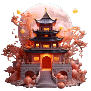 粉色满月古典建筑商用素材