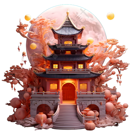 粉色满月古典建筑商用素材