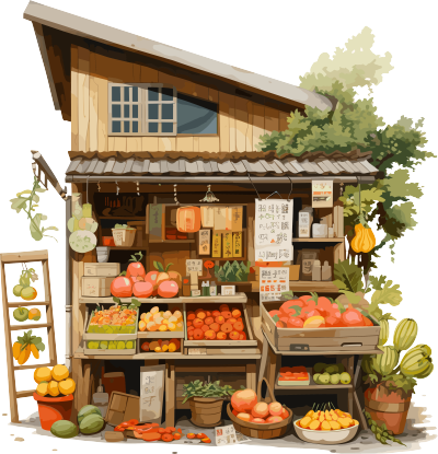 古典建筑风格秋季水果店插画