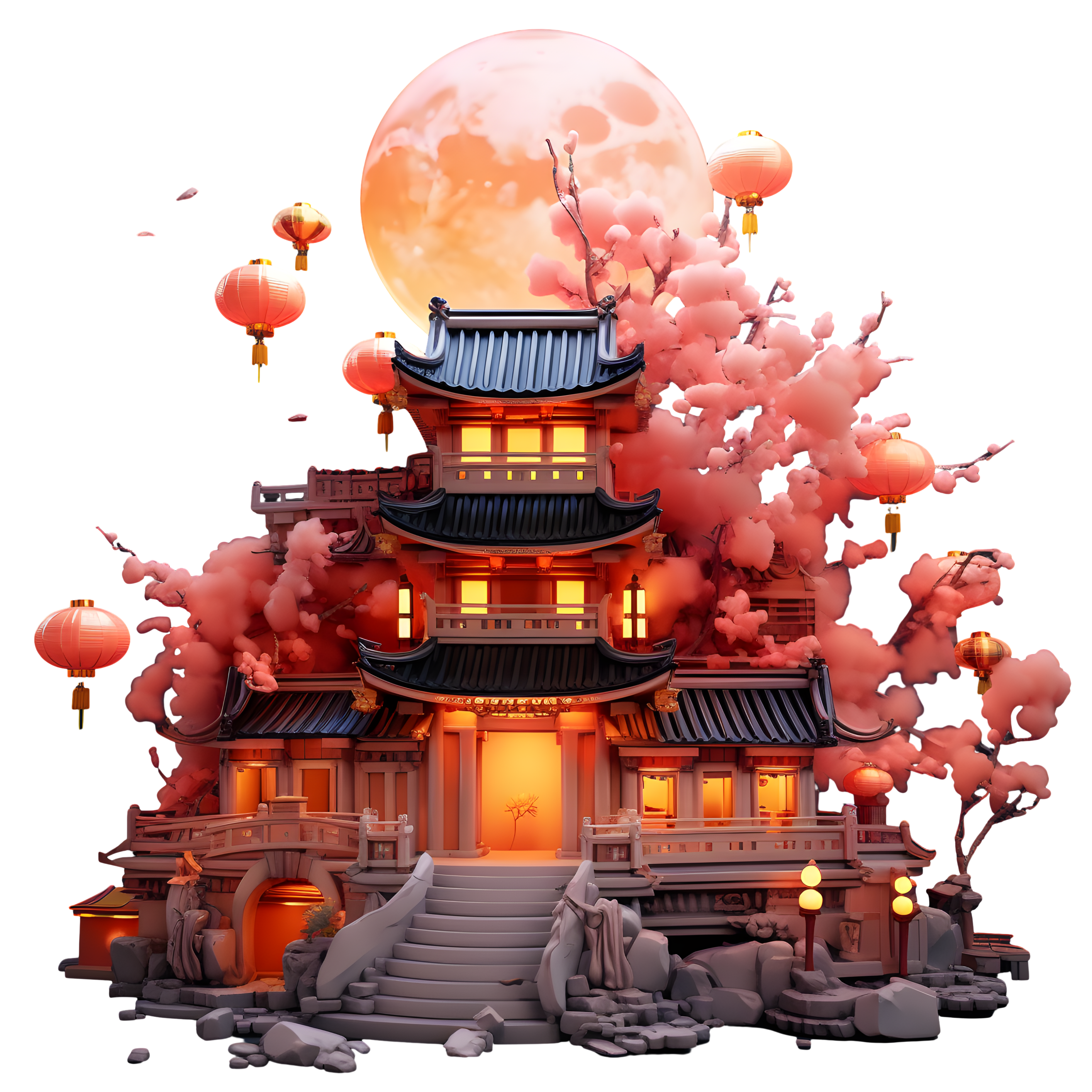 中式建筑满月下的广寒宫3D插图