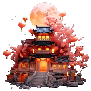 中式建筑满月下的广寒宫3D插图
