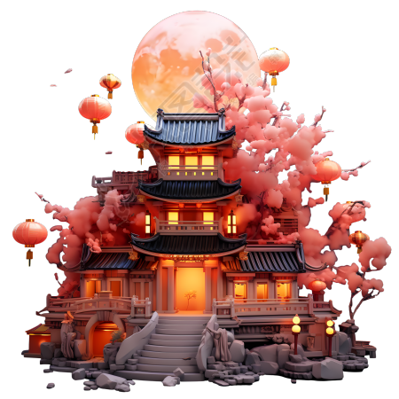 中式建筑满月下的广寒宫3D插图