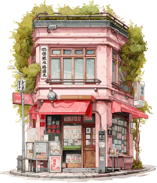 粉色街边小店浪漫漫画素材