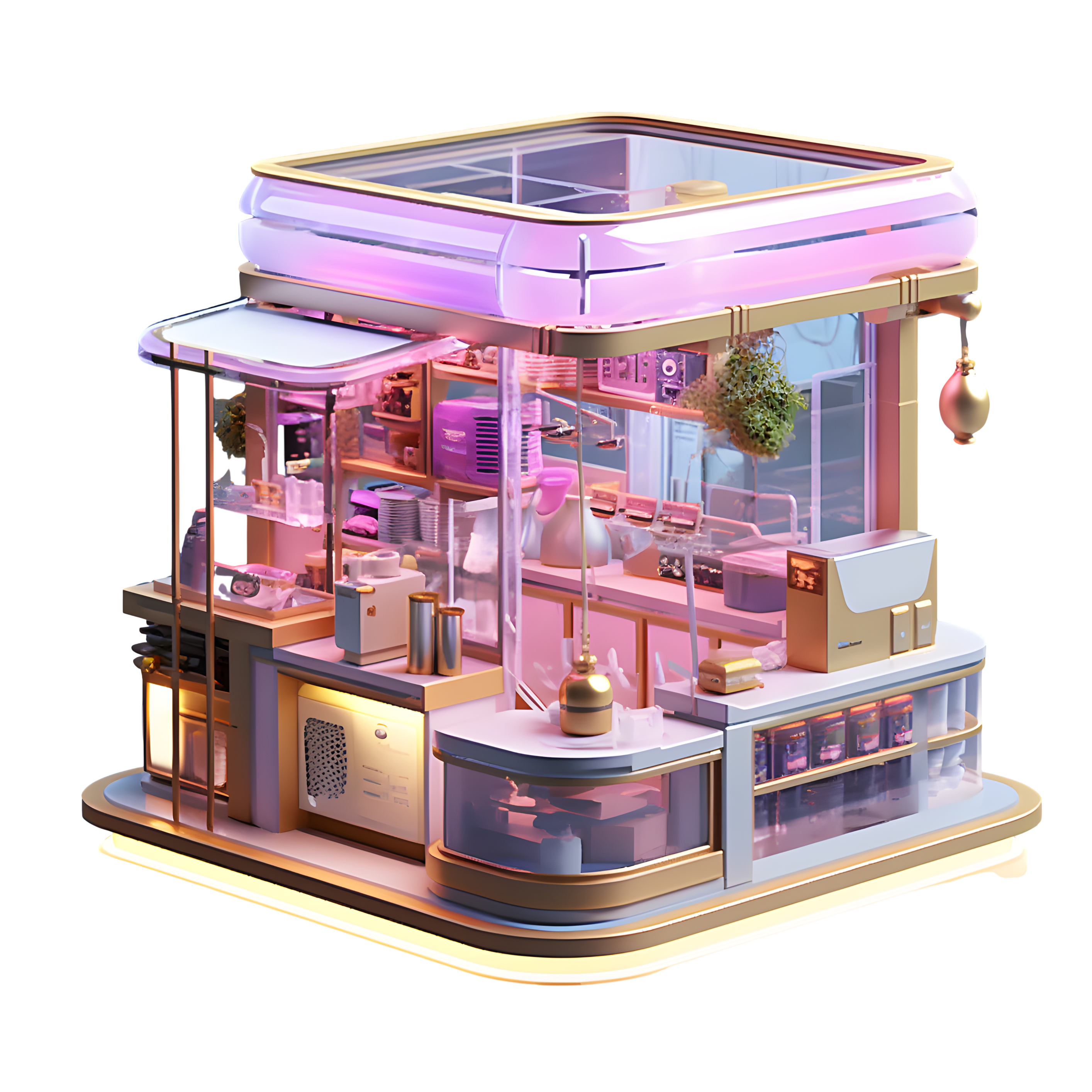 透明背景紫粉色购物建筑3D插图