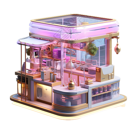透明背景紫粉色购物建筑3D插图