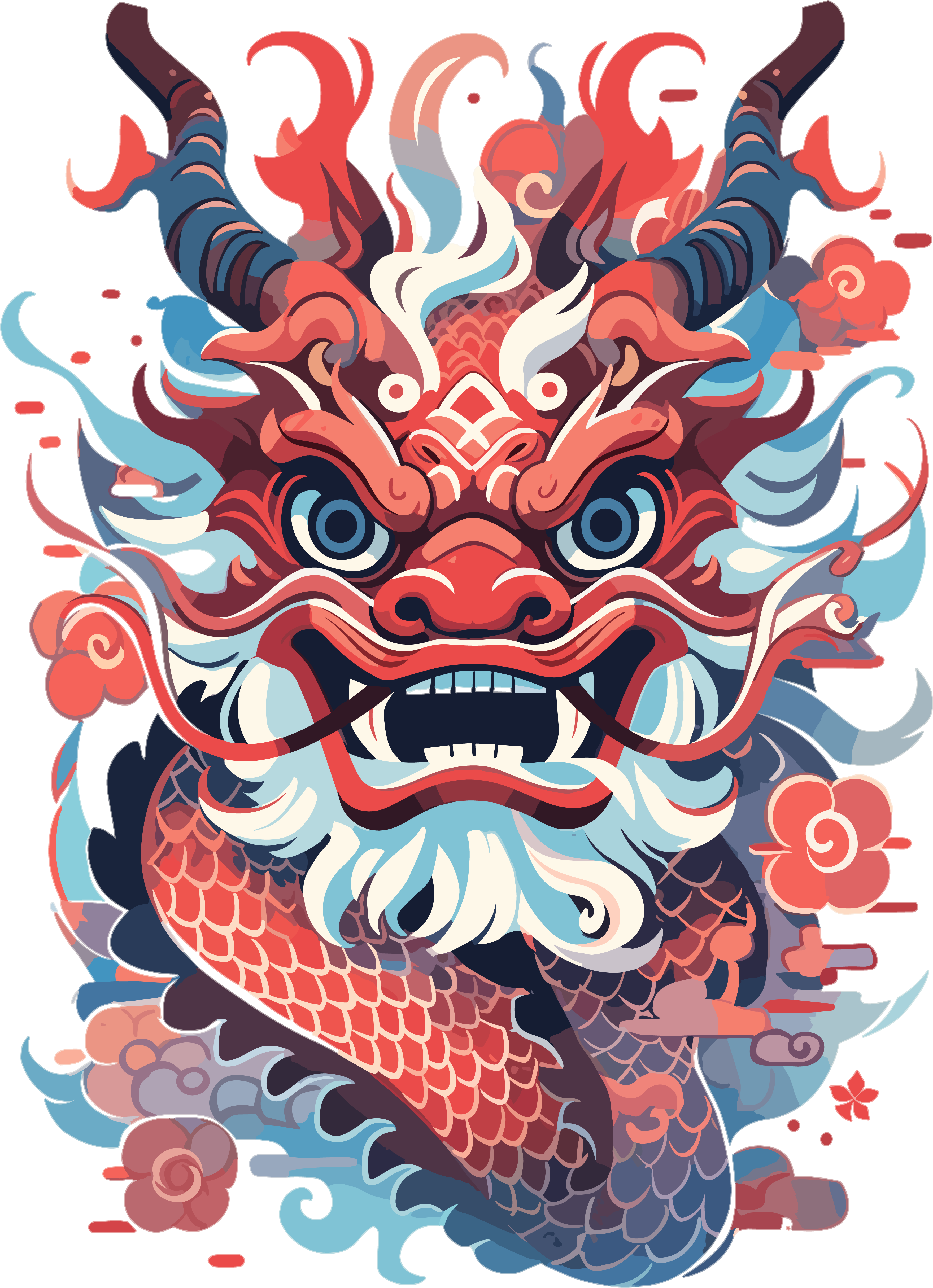 红蓝色中式龙透明背景插画