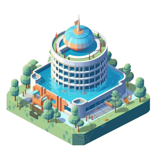 湖畔建筑树木背景插画元素