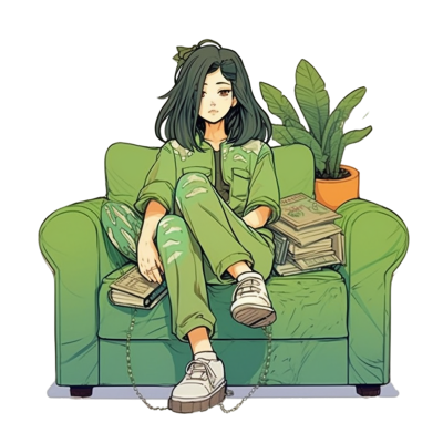 沙发旁大植物下的浪漫插画设计