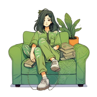 沙发旁大植物下的浪漫插画设计