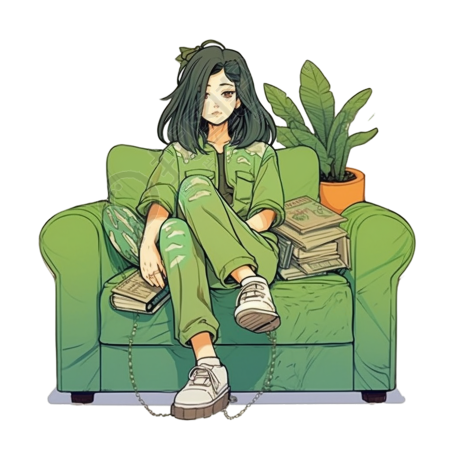 沙发旁大植物下的浪漫插画设计