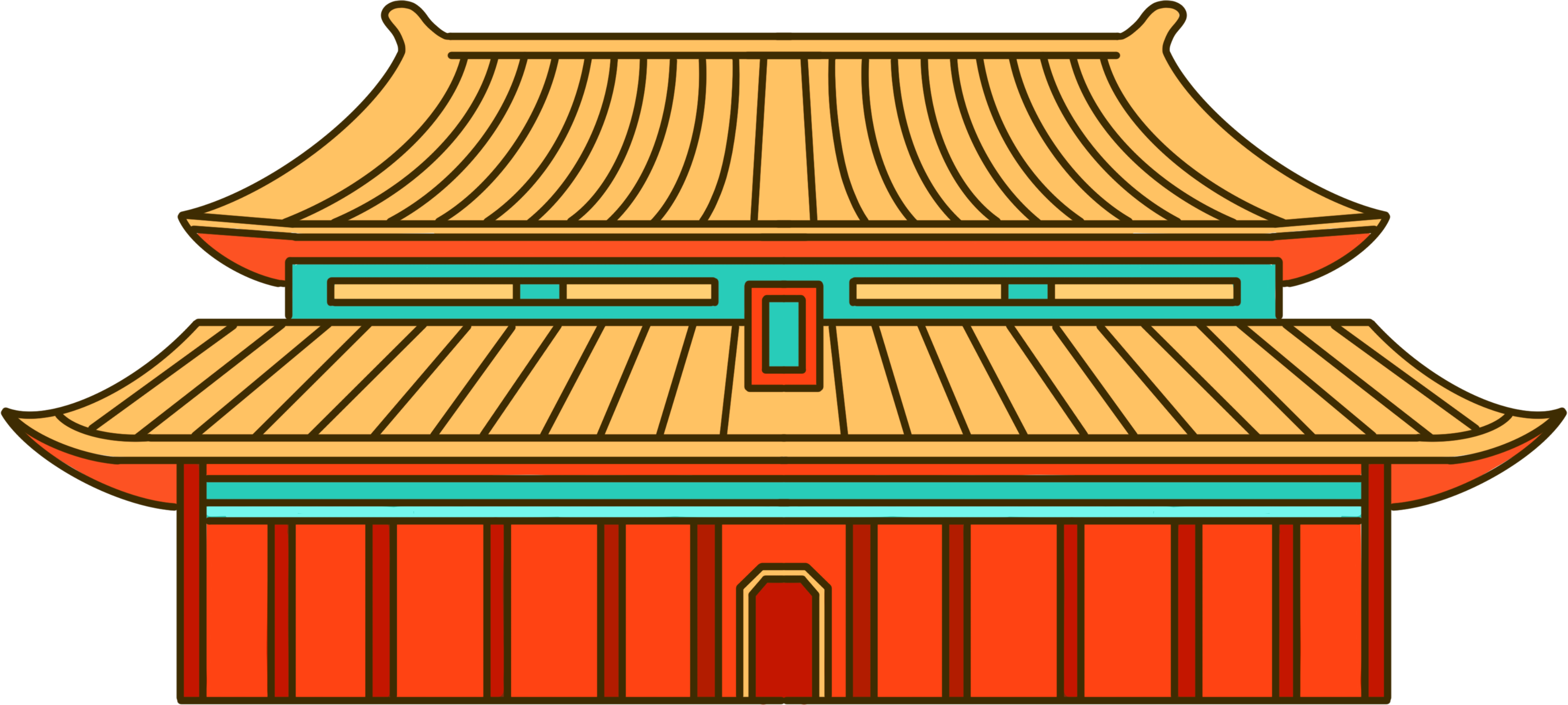手绘中国古建筑卡通风插画