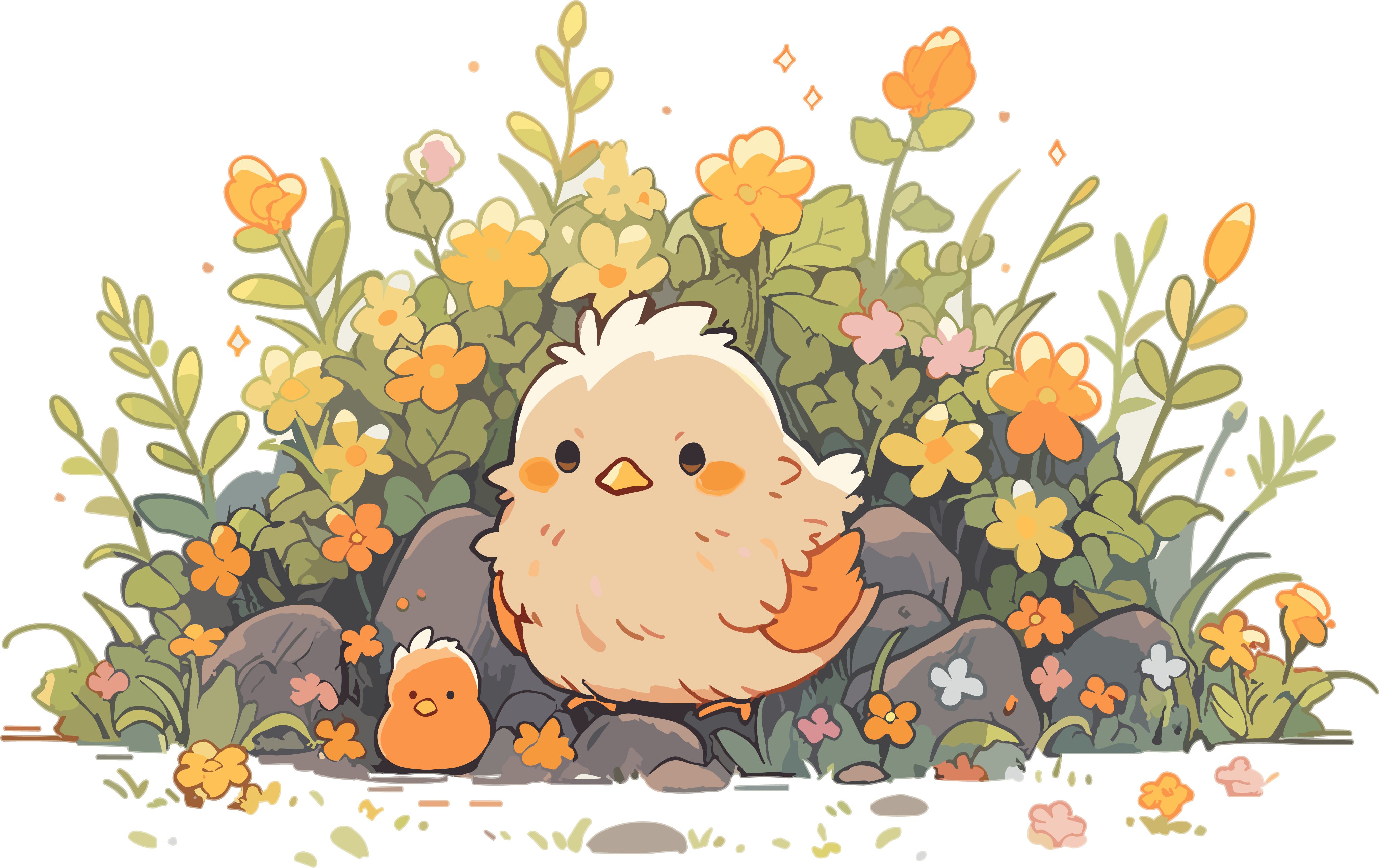 花丛边的可爱小鸡插画素材