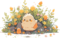 花丛边的可爱小鸡插画素材