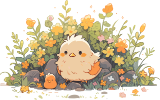 花丛边的可爱小鸡插画素材
