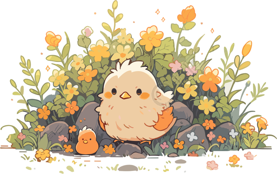花丛边的可爱小鸡插画素材