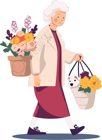 迷你扁平插画老年妇女手持鲜花元素