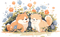 清新可爱的花田中两只小狗PNG插画