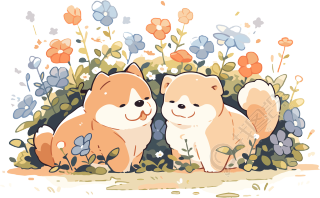 清新可爱的花田中两只小狗PNG插画