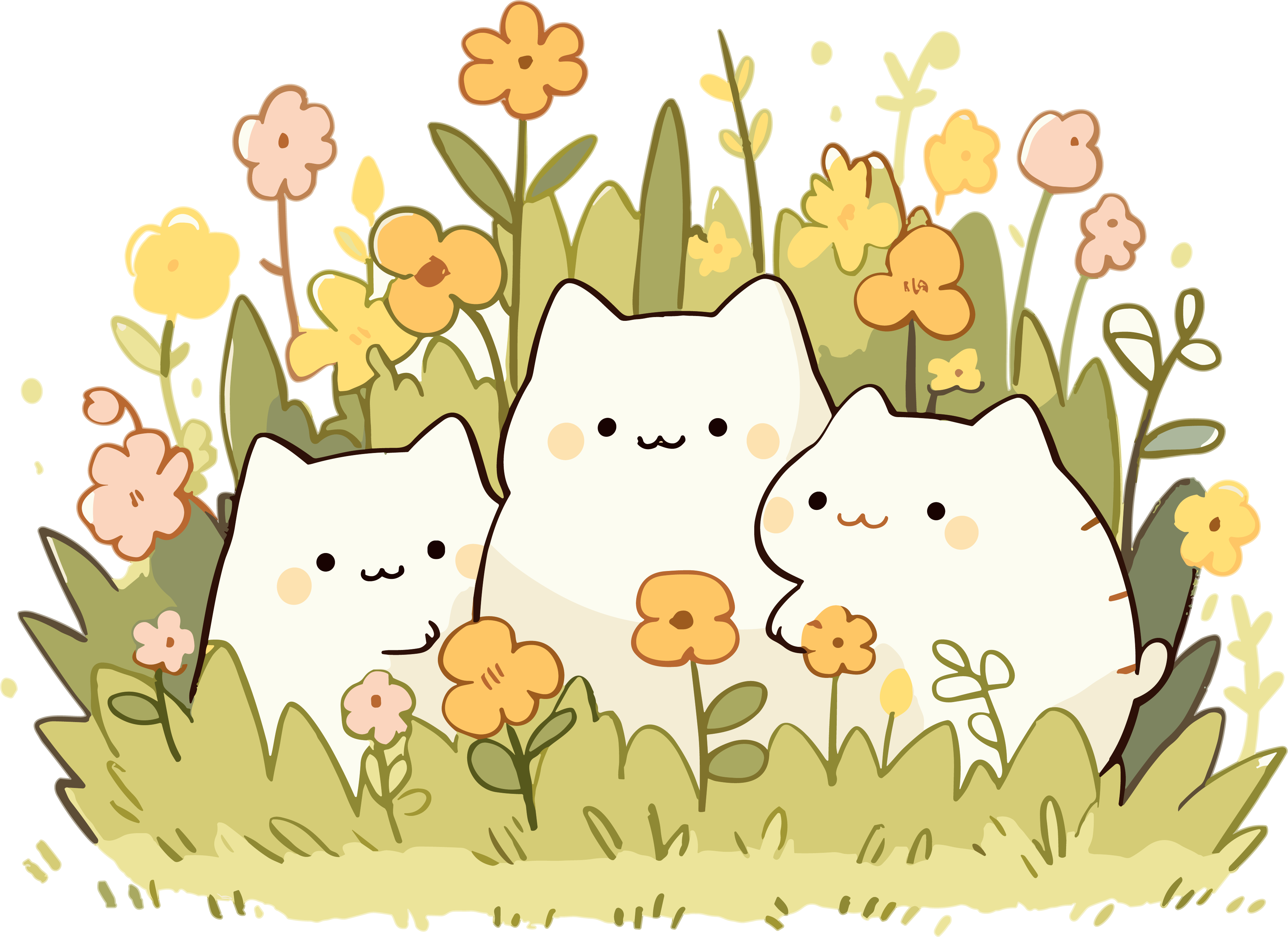 可爱的白色猫咪和小花插画元素
