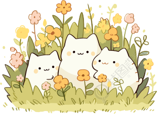 可爱的白色猫咪和小花插画元素