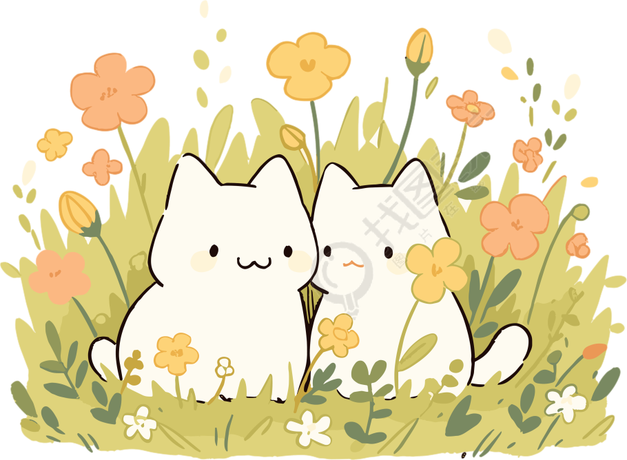 花卉田园场景中的猫猫可商用插画设计