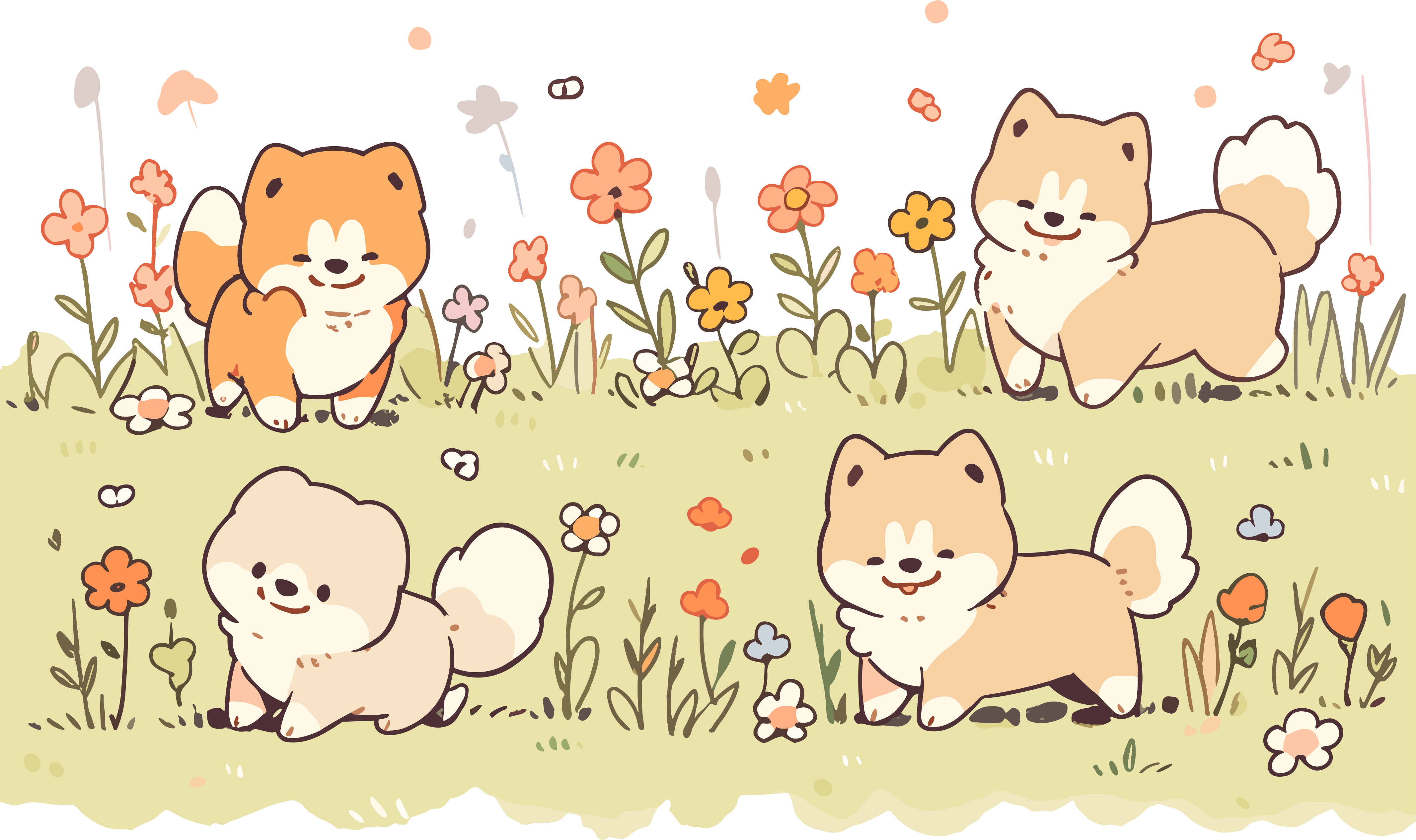 清新花田四只可爱小狗插画素材